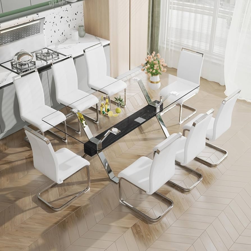Dining Table Set 9 Piece with Glass Top and Silver Black Base