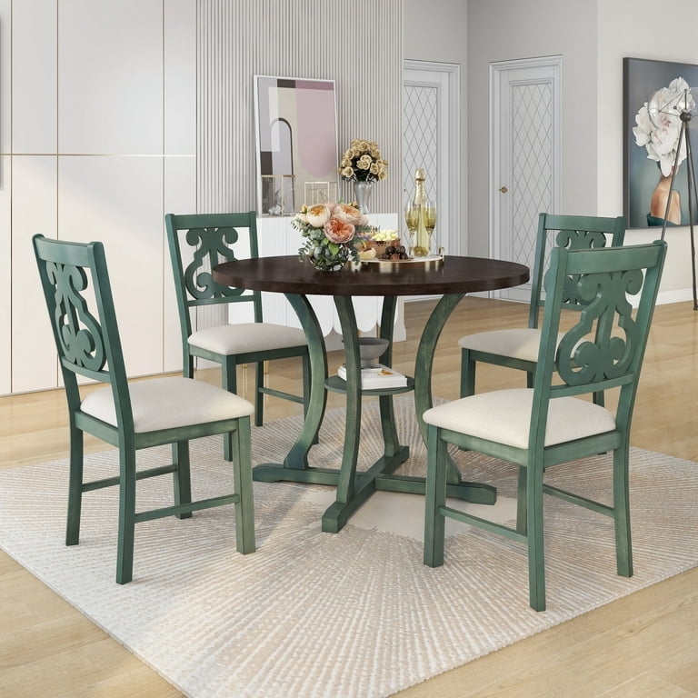 Dining Table Set Antique Blue Round Storage Shelf Curved Legs