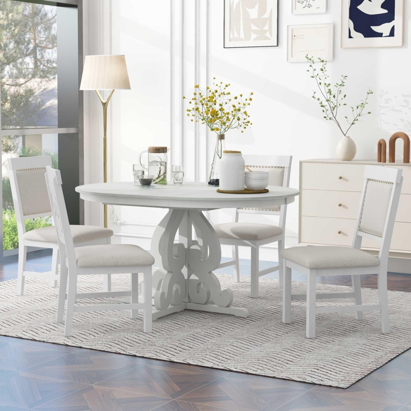 Dining Table Set Antique White Round Sculptural Pedestal Base Farmhouse