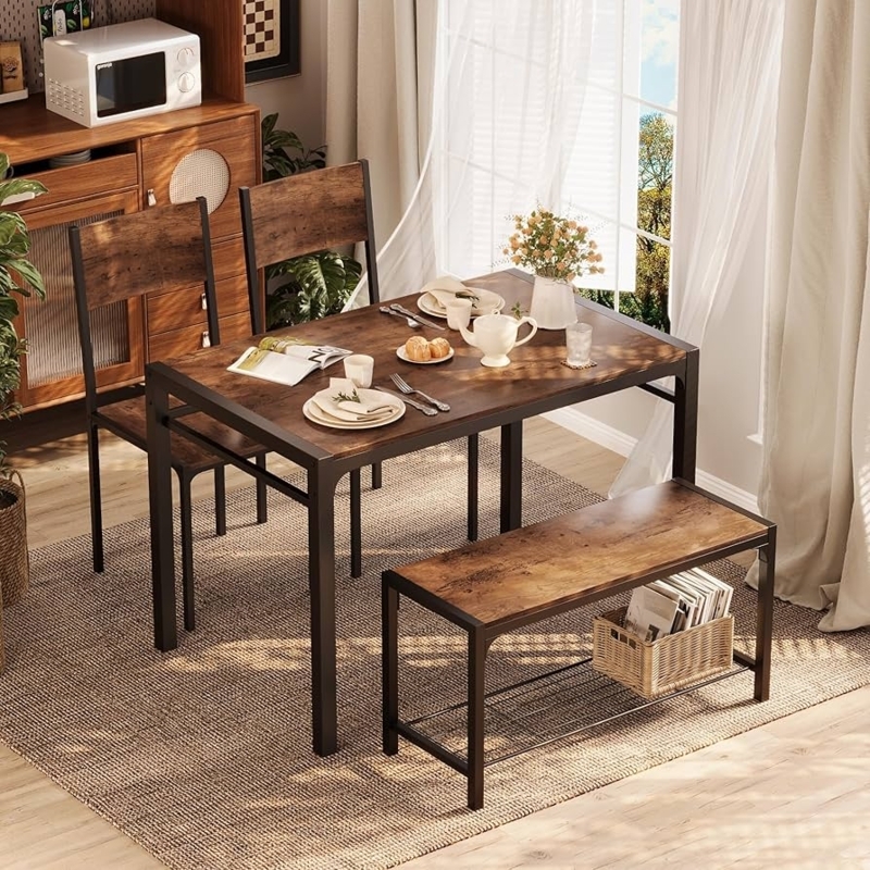 Dining Table Set Bench With Storage Brown Wood Toned Industrial