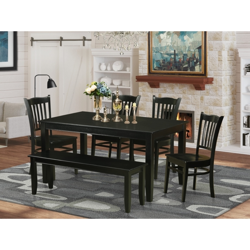 Dining Table Set Black 6 Piece Slat Back Chairs Backless Bench