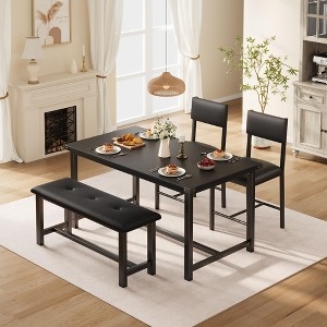 Dining Table Set Black Finish Button-Tufted Upholstered Bench