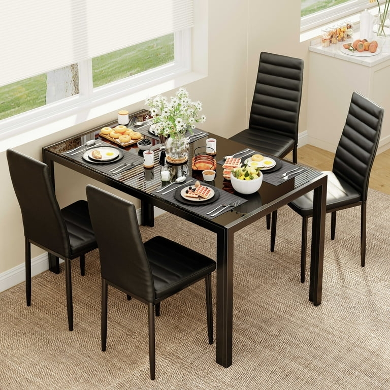 Dining Table Set: Black High Back Chairs with Horizontal Ribbing