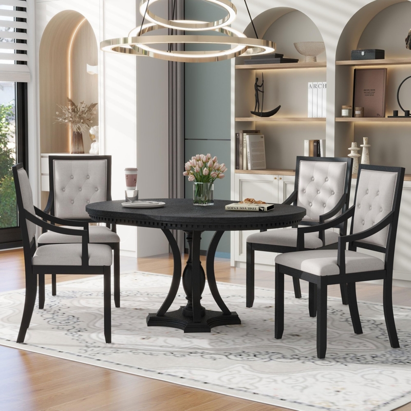 Dining Table Set, Black Round Pedestal with Cream Tufted Armchairs