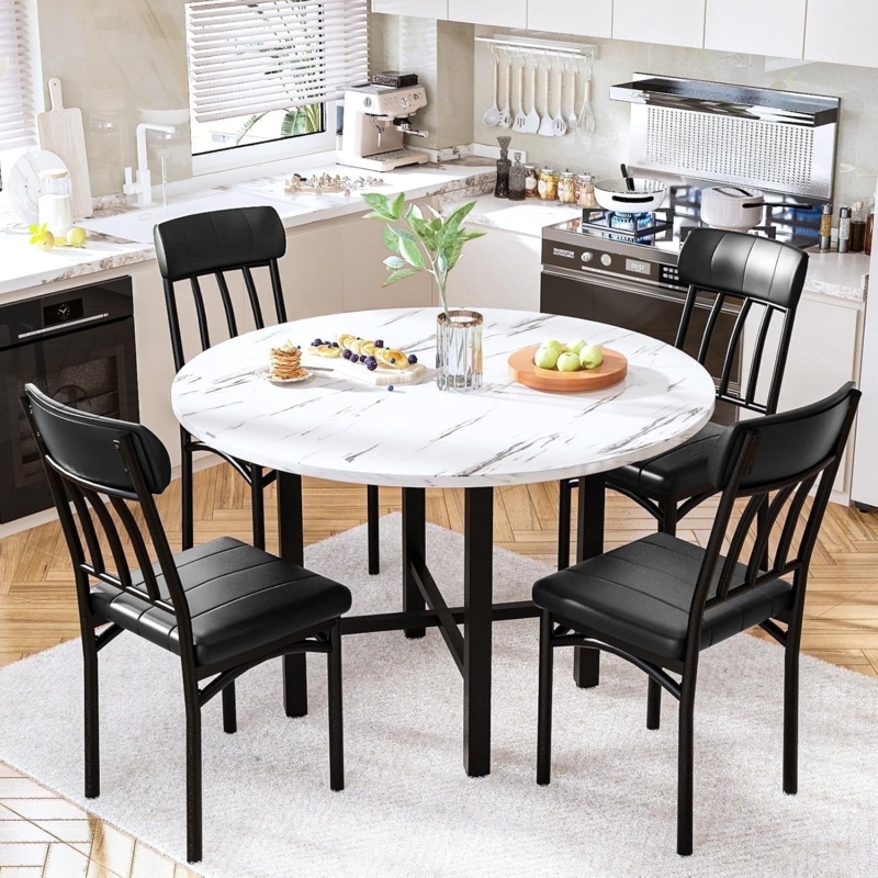 Dining Table Set Black Slat Back Chairs Marble Pattern X-Base