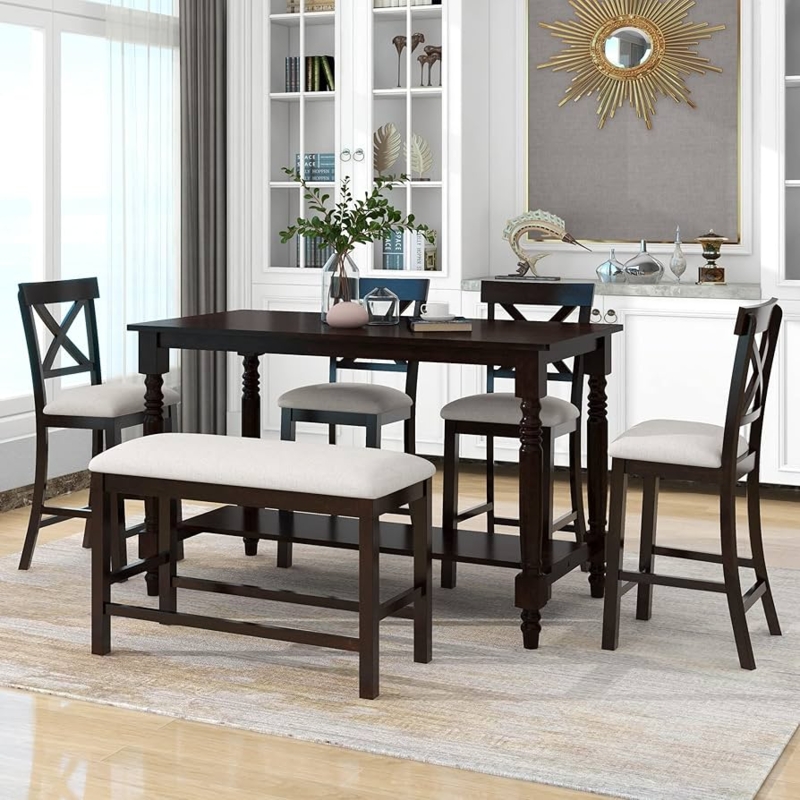 Dining Table Set Bottom Shelf X Back Chairs Espresso 6 Piece