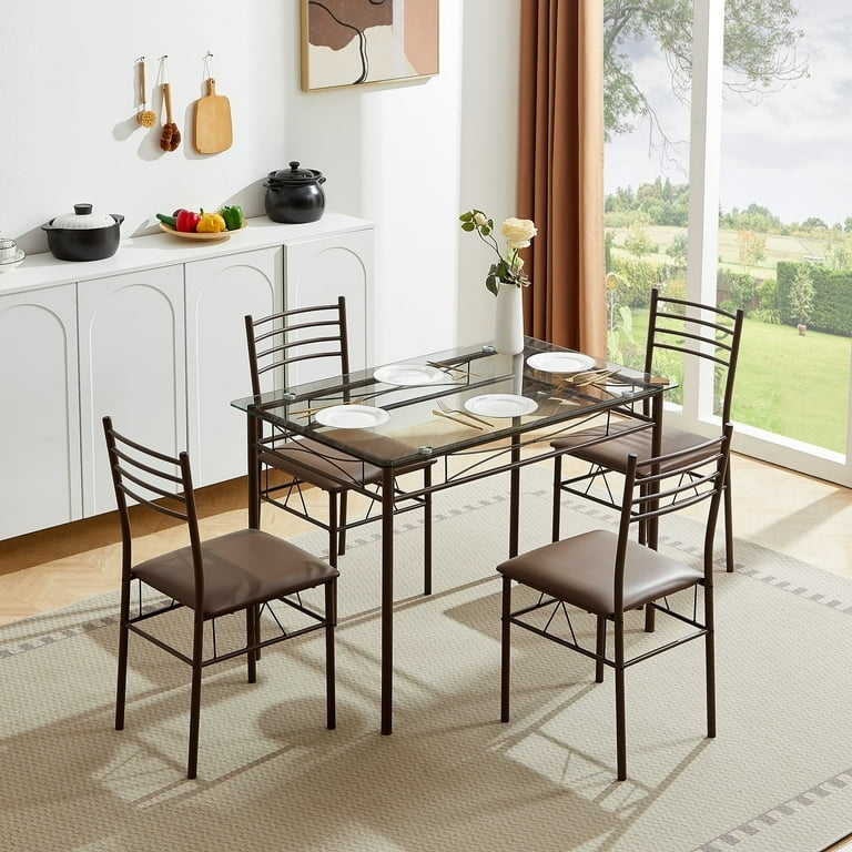 Dining Table Set: Brown Ladder Back Chairs, Glass Top Metal Frame