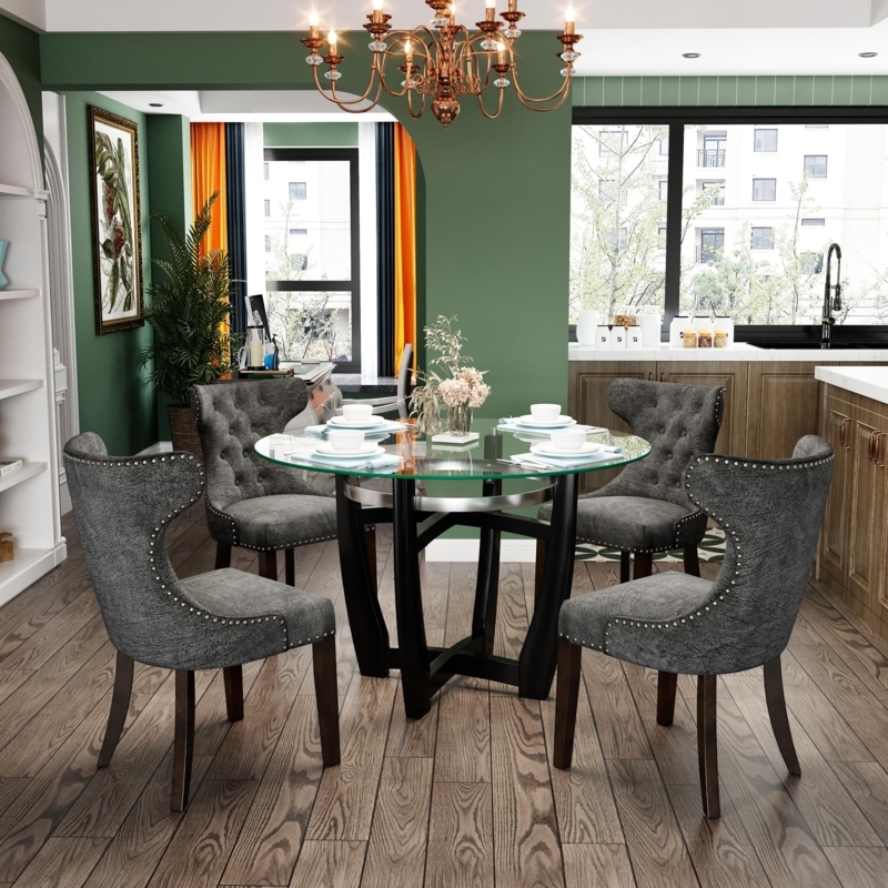 Dining Table Set: Charcoal Gray Button-Tufted Wingback Chairs with Nailheads