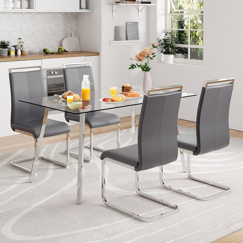 Dining Table Set: Contemporary Grey Cantilever Chairs, Chrome Frame