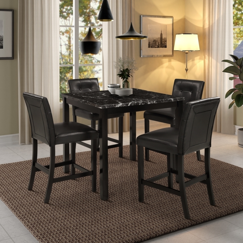 Dining Table Set Counter Height Faux Marble Tufted Leather Chairs