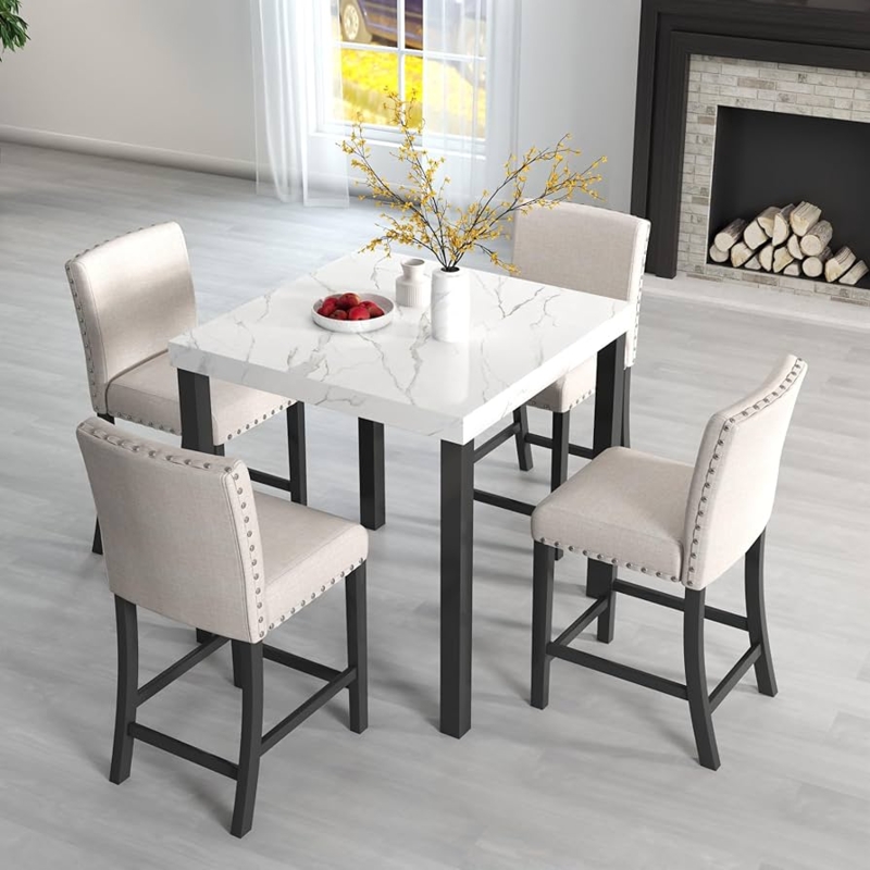 Dining Table Set Counter Height Nailhead Trim Stools Marbled Top