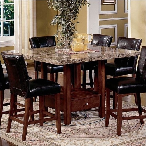 Dining Table Set Counter Height Storage Base Stone Look Top