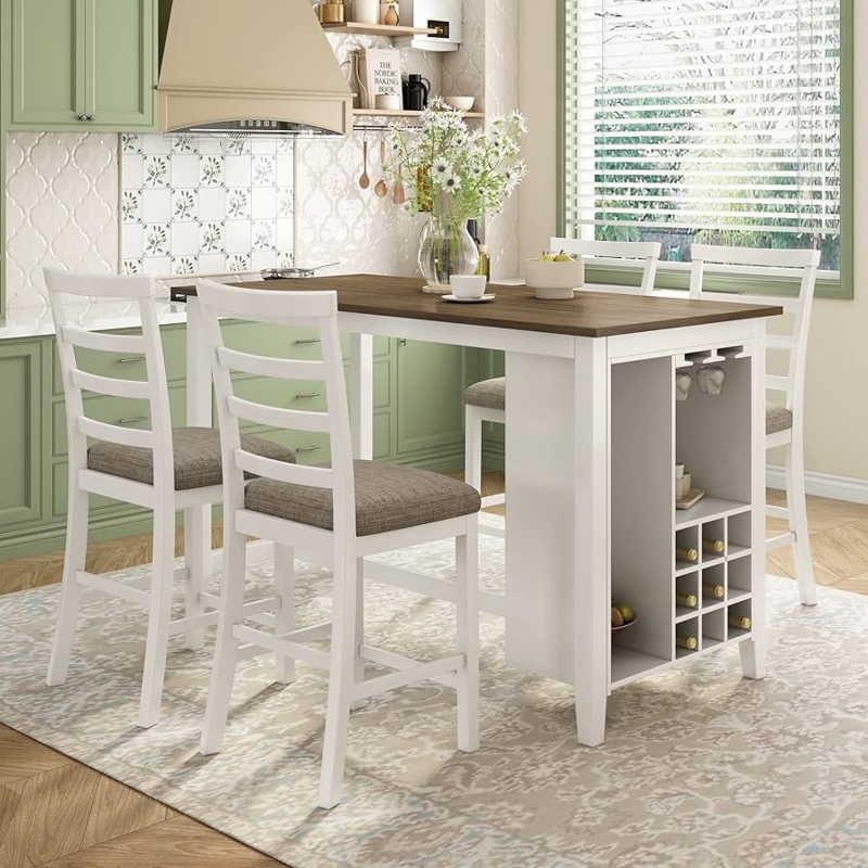 Dining Table Set Counter Height White Two-Tone Wine Rack Storage