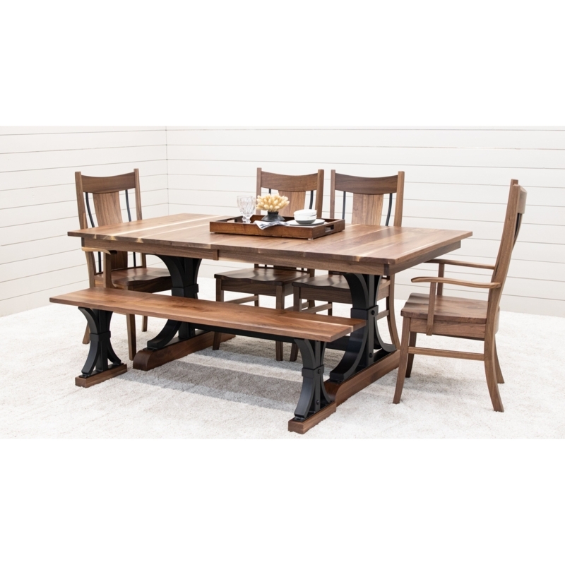 Dining Table Set Curved Metal Trestle Walnut Wood Industrial Bench