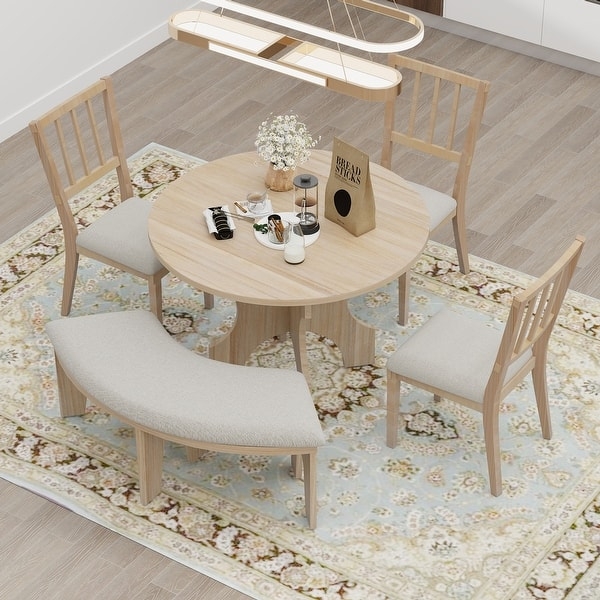 Dining Table Set Curved Upholstered Bench Pedestal Round
