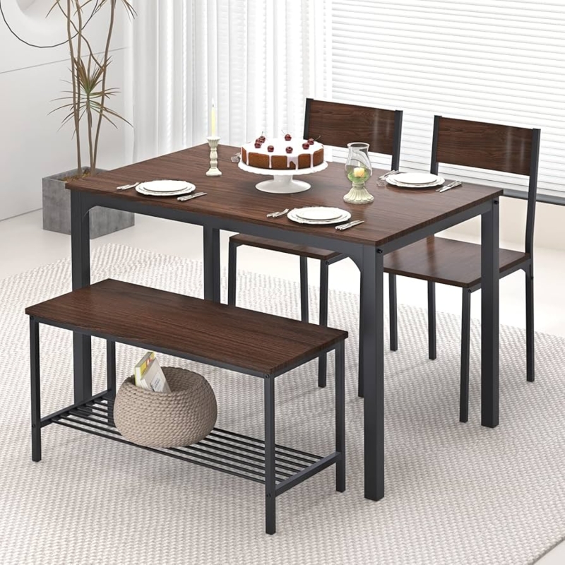 Dining Table Set Dark Walnut Finish Storage Bench Metal Frame