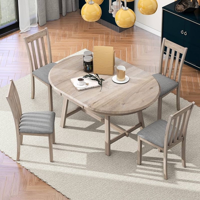 Dining Table Set Expandable Round Top Slatted Back Wood Grain