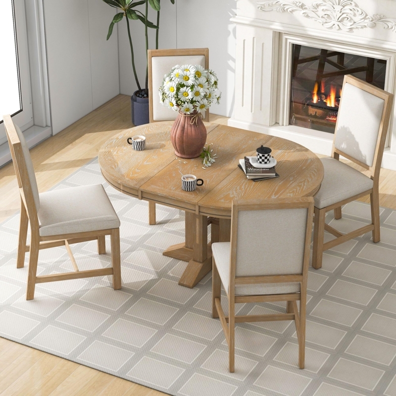 Dining Table Set Farmhouse Natural Wood Wash Chunky Pedestal