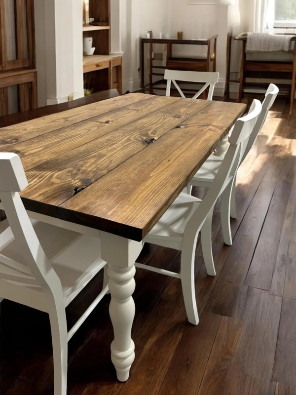 Dining Table Set Farmhouse Two-Tone Turned Legs Bench and X-Back Chairs