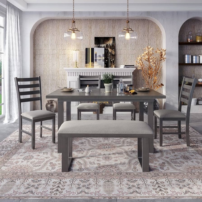 Dining Table Set Farmhouse X-Back Chairs Weathered Gray Finish Bench