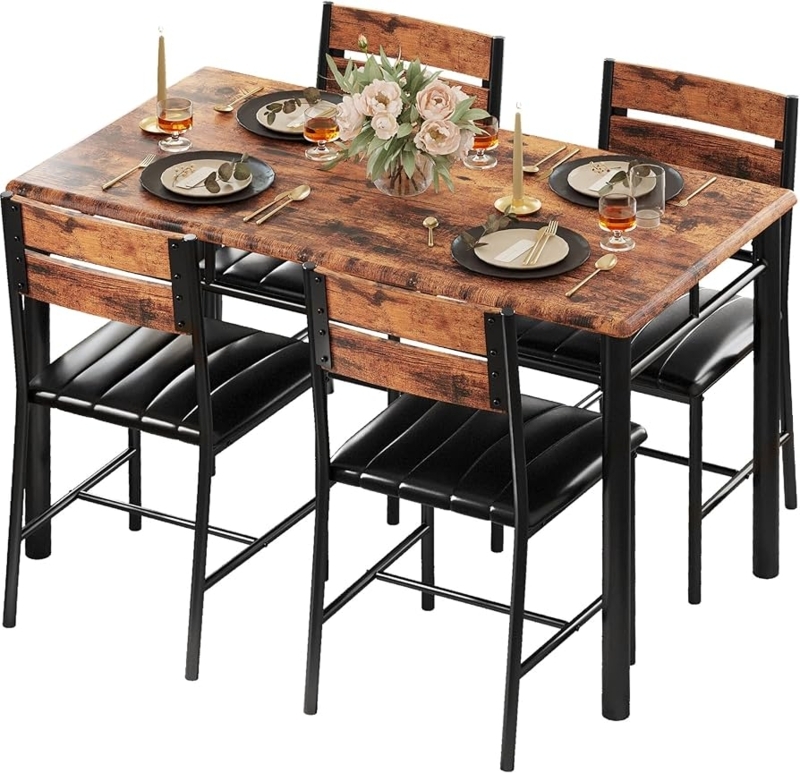 Dining Table Set Faux Leather Slatted Chairs Industrial Black Metal