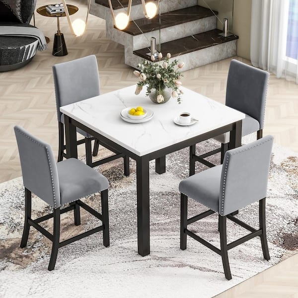 Dining Table Set Faux Marble Top Gray Upholstered Counter Stools