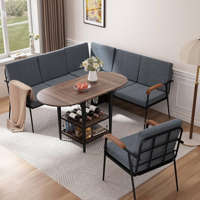 Dining Table Set Folding Tabletop Integrated Wine Rack Storage Bench