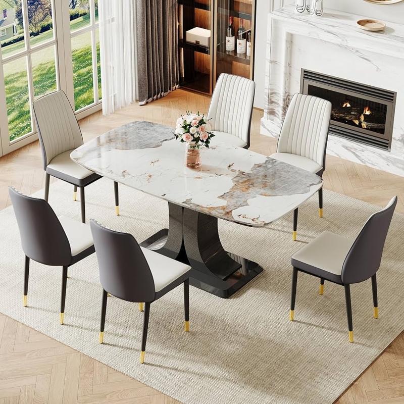 Dining Table Set for 6, Two-Tone Chairs & Gold Accent Legs
