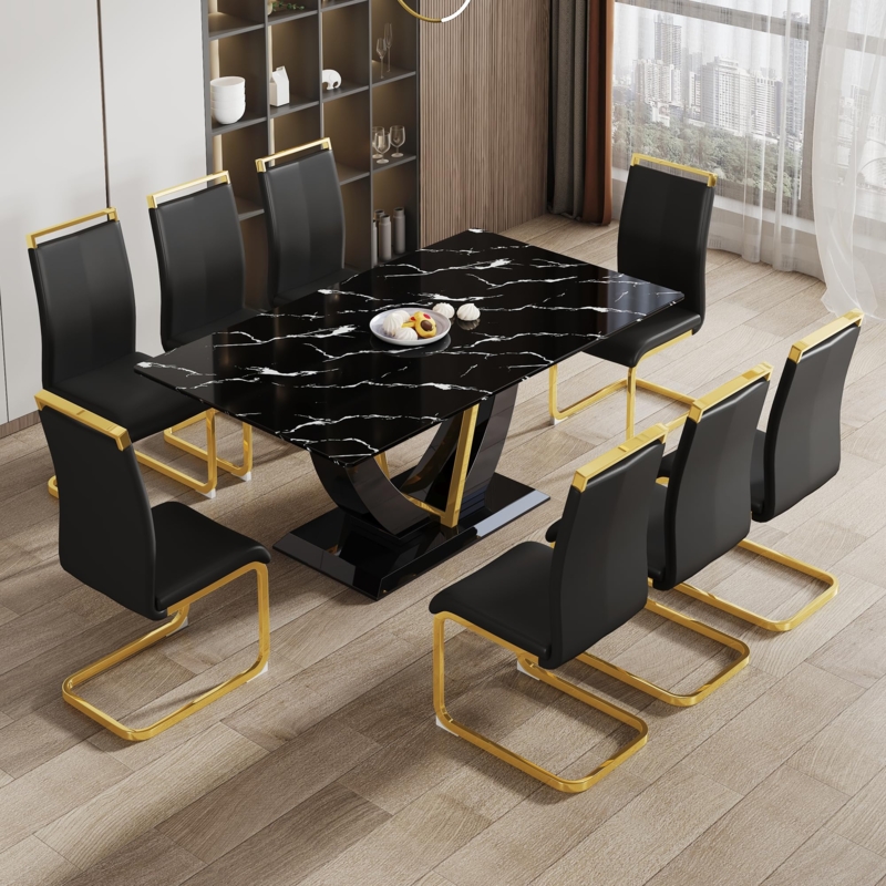 Dining Table Set for 8 Gold Cantilever Chairs Black Marble Look Glossy