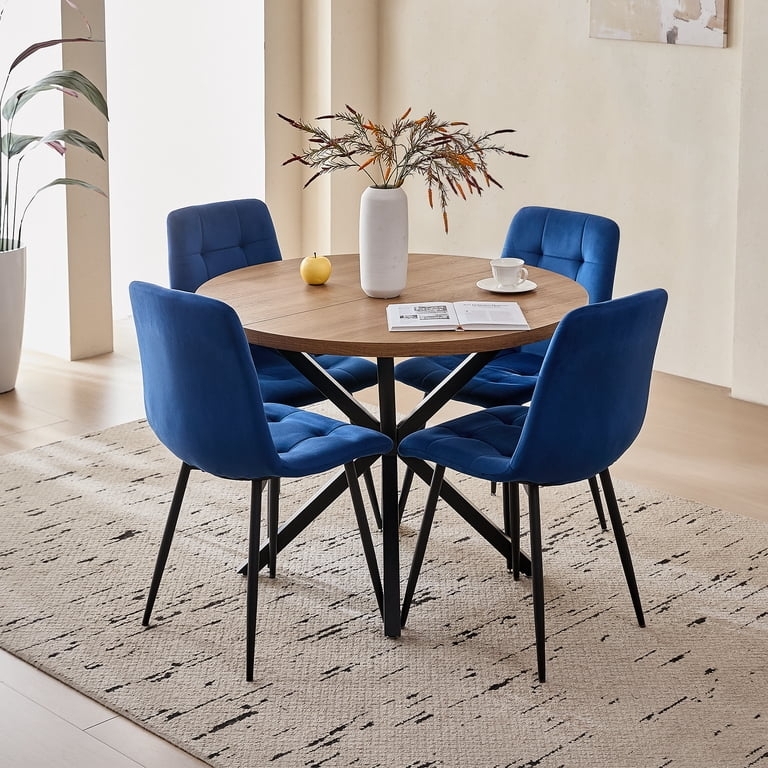 Dining Table Set for Small Spaces with Tufted Blue Kitchen Chairs