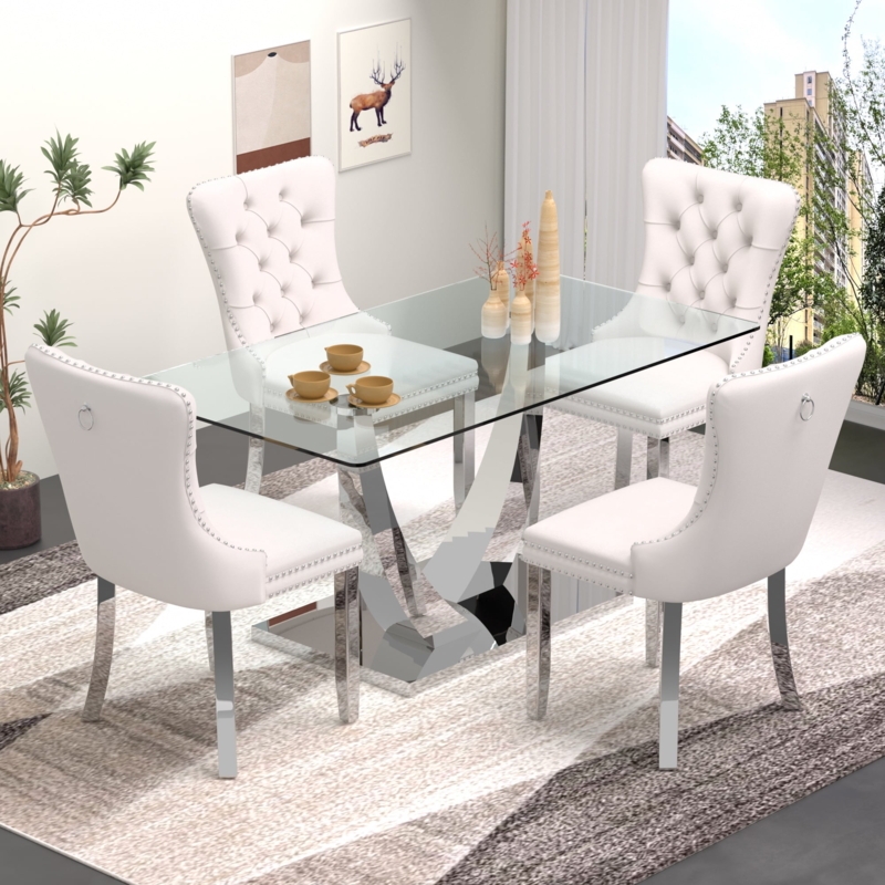 Dining Table Set: Glam White Tufted Chairs, Sculptural Silver Base
