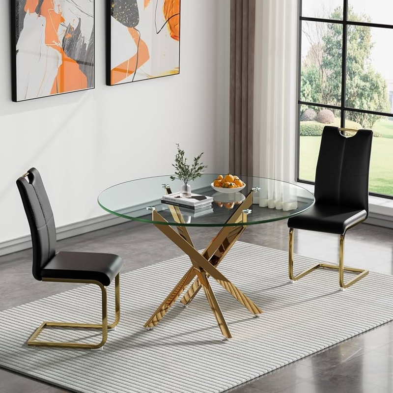 Dining Table Set Gold Cross Base Glass Top Black Cantilever Chairs