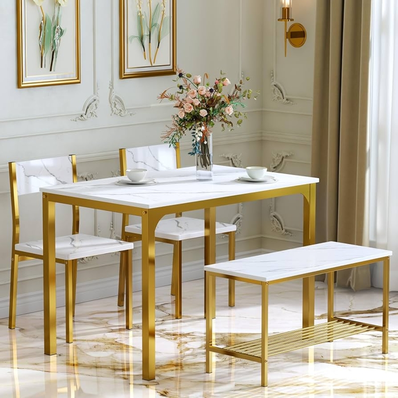 Dining Table Set Gold Finish Marble Pattern Bench with Shelf