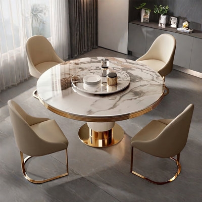 Dining Table Set Gold Fluted Pedestal Marble Top Lazy Susan
