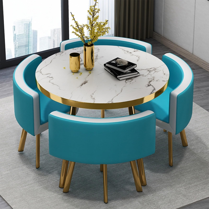 Dining Table Set Gold Metal Rim Teal Upholstery Marble Pattern
