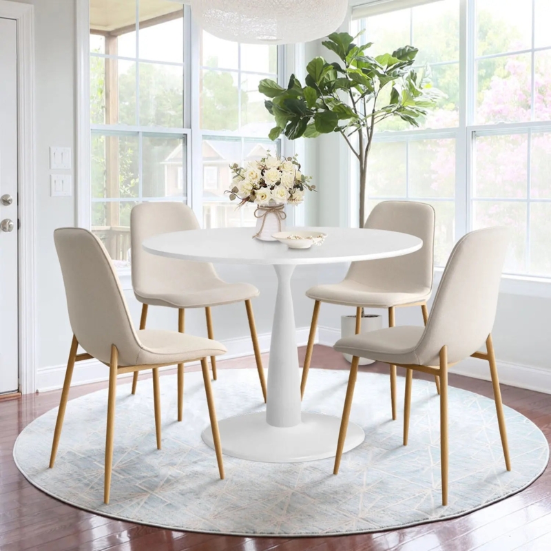 Dining Table Set Gold Tapered Legs Beige Upholstered Chairs