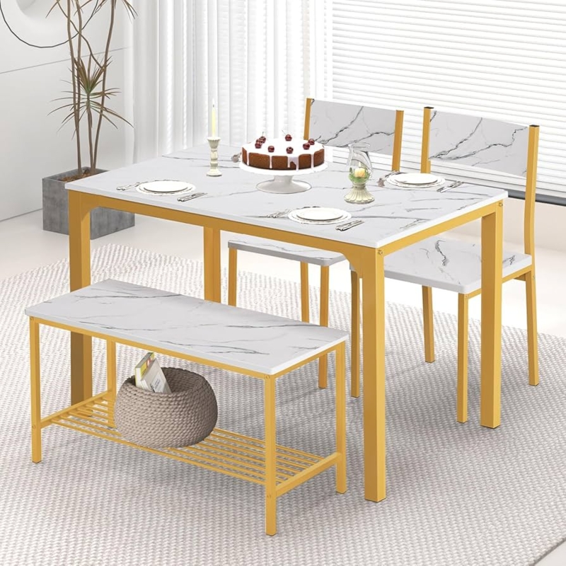Dining Table Set Golden Frame Marble Pattern Slat Shelf Bench