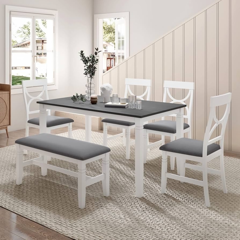 Dining Table Set Gray and White X-Back Chairs Upholstered Bench
