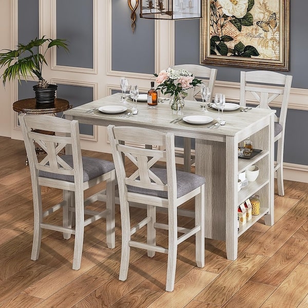 Dining Table Set Gray Counter Height with Built-In Side Shelving