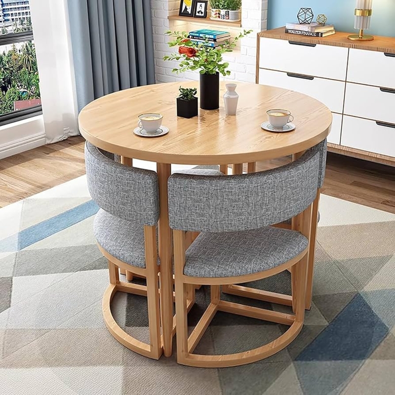 Dining Table Set Grey Linen-Like Nesting Chairs Space Saving Design