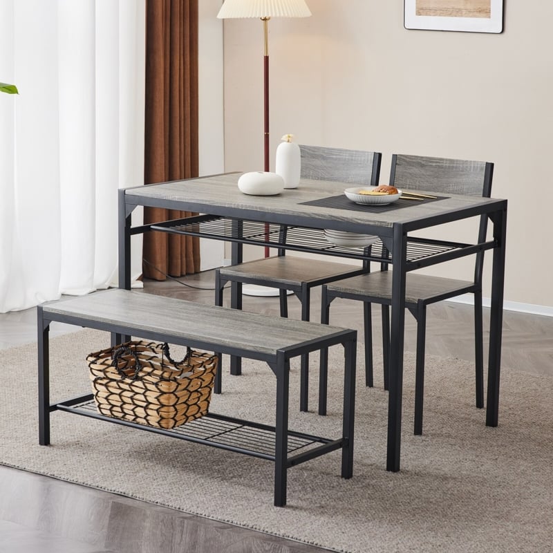 Dining Table Set Grey Wash Wood Tone Integrated Wire Shelving
