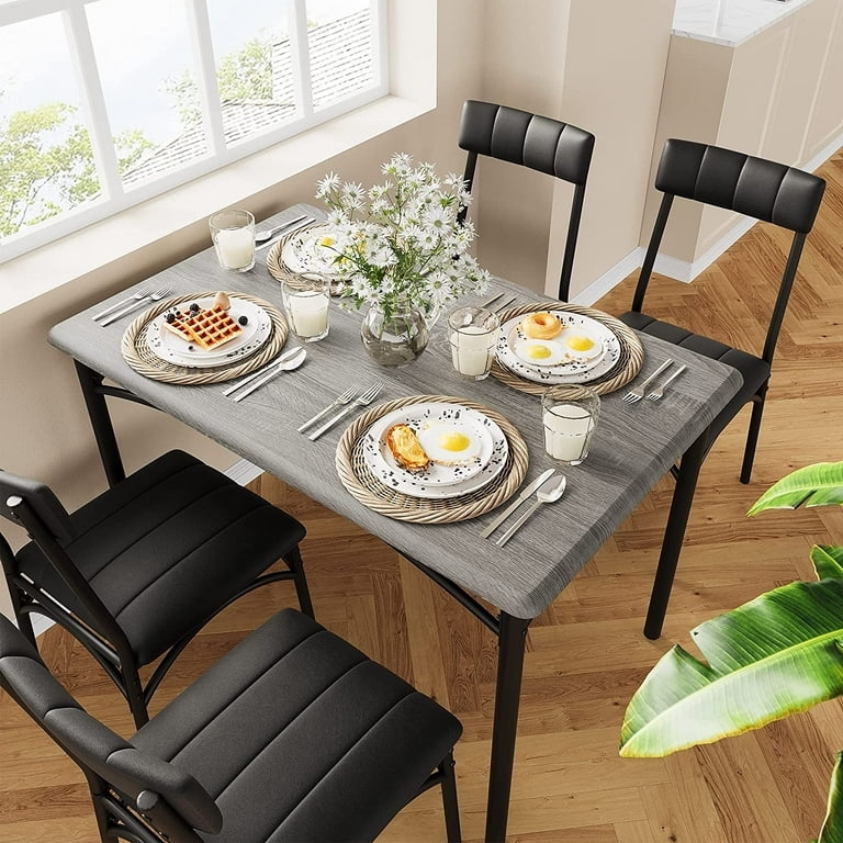 Dining Table Set Grey Wood Top Channel Stitched Chairs Industrial