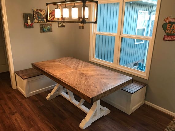Dining Table Set Herringbone Wood Top Corner Bench White Trestle