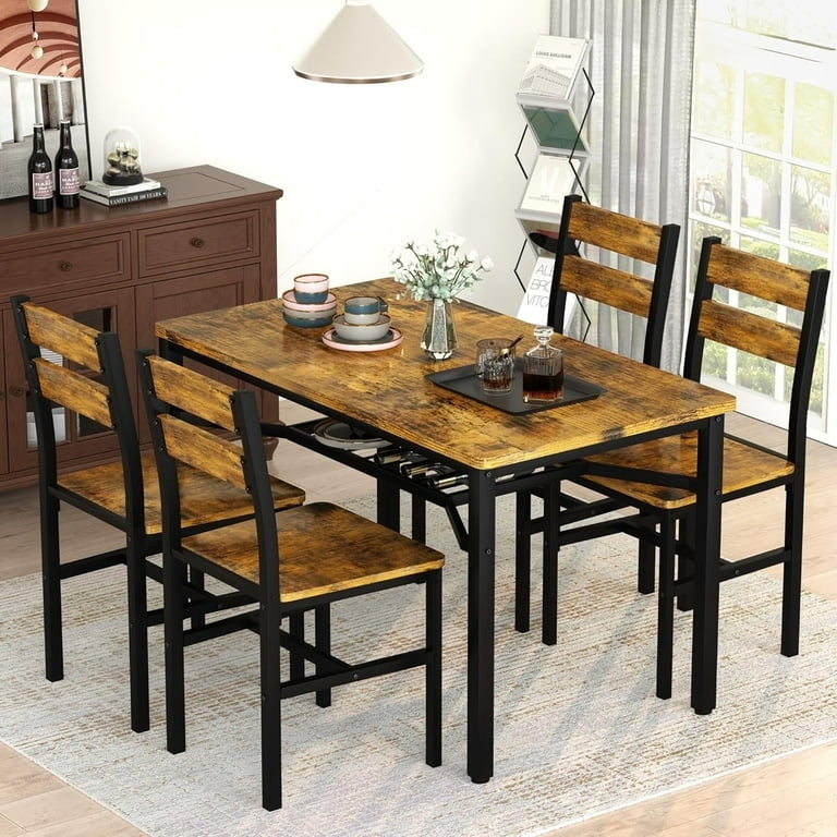 Dining Table Set Industrial Black Metal Slatted Back Chairs Storage