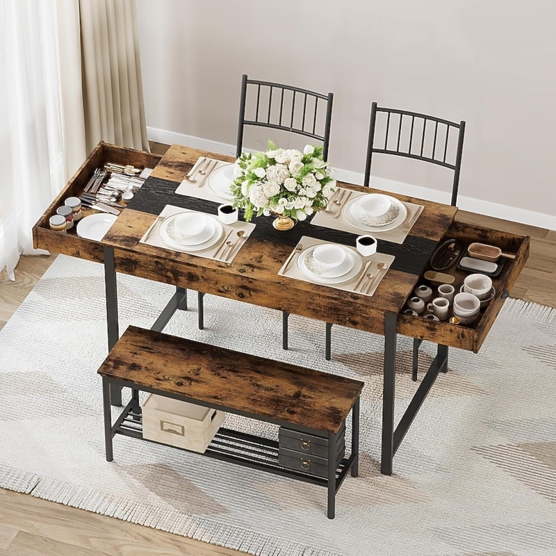 Dining Table Set Industrial Farmhouse Rustic Brown with Storage Drawers