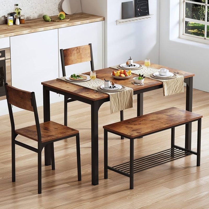 Dining Table Set Industrial Metal Frame Slatted Bench Shelf