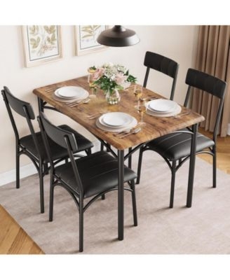 Dining Table Set Industrial Metal Frame Wood Look Stitched Seat