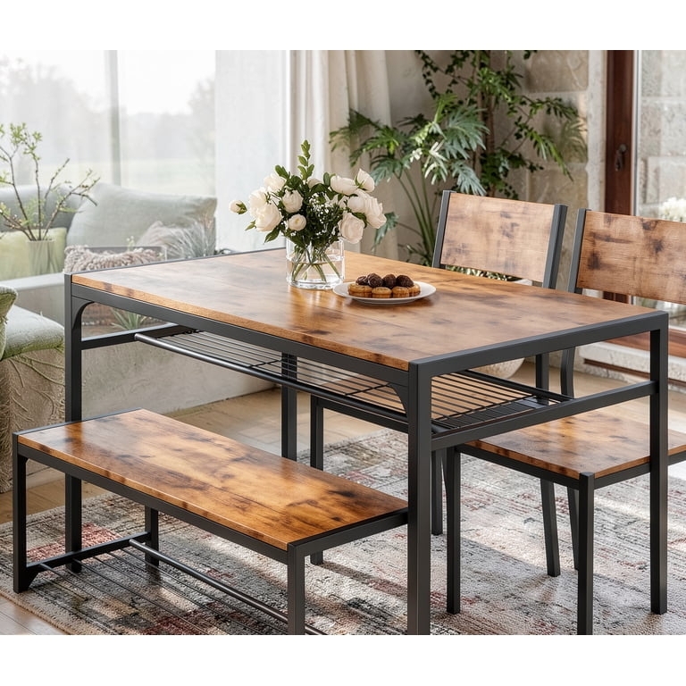 Dining Table Set Industrial Retro Wire Shelf Storage Bench