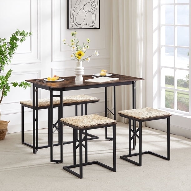 Dining Table Set Industrial Woven Seat C-Base Stools Bench