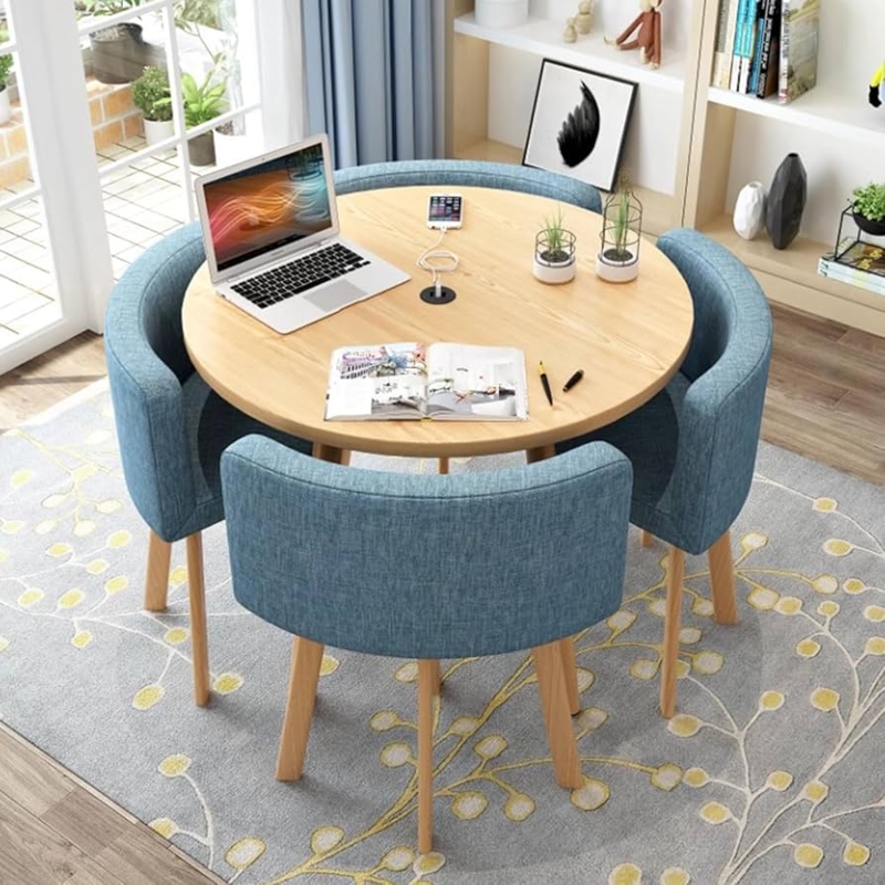 Dining Table Set Integrated Power Blue Fabric Round Nesting Chairs